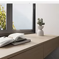 Decorative Ornament Combination With Open Book Closed Book And White Cactus Pot On Wooden Windowsill