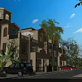 Mediterranean Style Detached Villa With Tower Balconies Arched Windows And Trees Along Driveway With Parked Cars