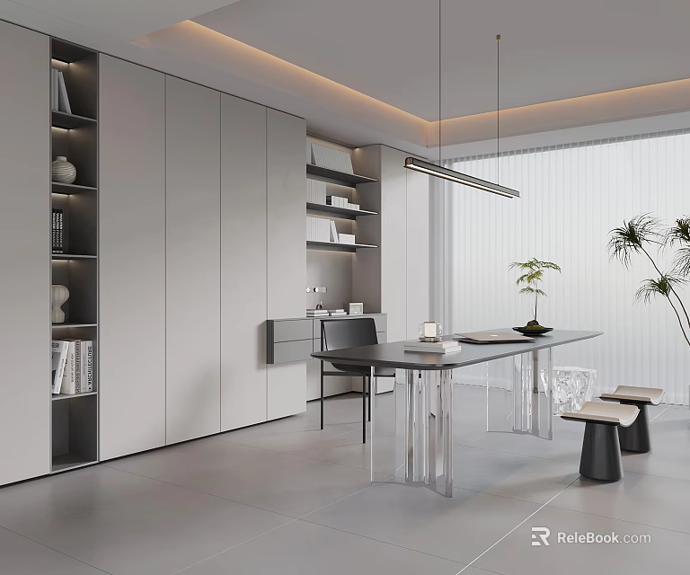 Modern Minimalist Interior Design With White Cabinets Bookshelves Black Table Transparent Chairs And Green Plants 3d model 