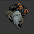 Crouching Figure In Protective Suit With Gas Mask Backpack And Rifle On Gray Background