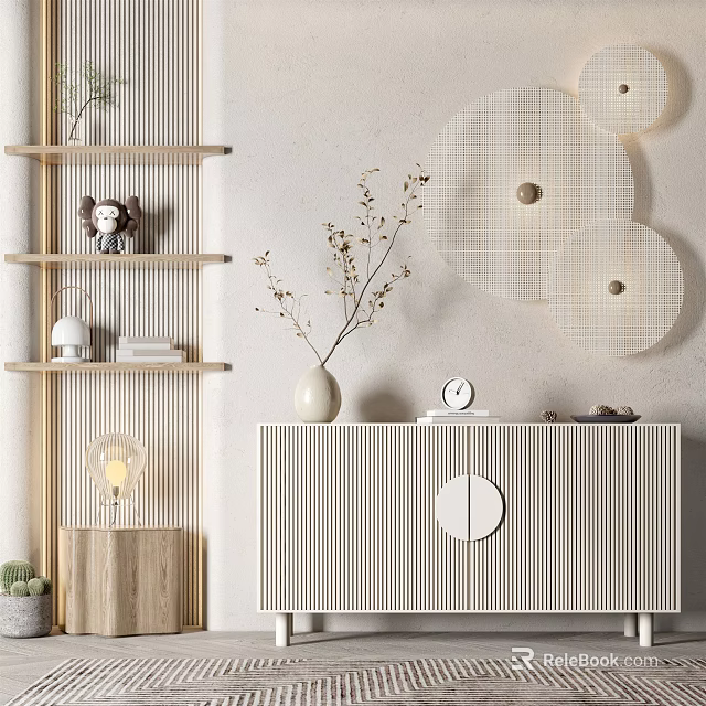 Light Color Striped Entryway Side Cabinet With Vase Clock And Decorations 3d model 