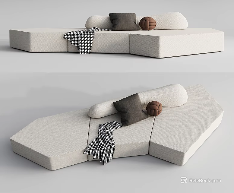 Modern Abstract Shape Sofa With Cream White Fabric Upholstery Plush Pillows And Checkered Throw 3d model 