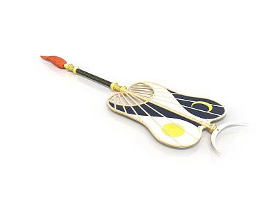 Decorative Hand Fan With Moon and Sun Patterns White Black Yellow Red Gold Handle 3d model