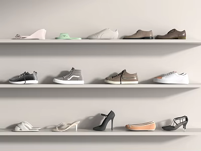 Variety Of Shoes Displayed On White Shelves 3d model