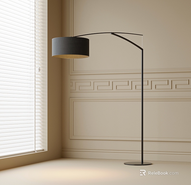 Modern Arc Floor Lamp In Room With Decorative Wall And Blinds 3d model 