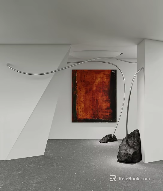 Red Textured Abstract Painting On White Wall In Modern Interior With Curved Metal Decor 3d model 