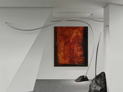 Red Textured Abstract Painting On White Wall In Modern Interior With Curved Metal Decor 3d model