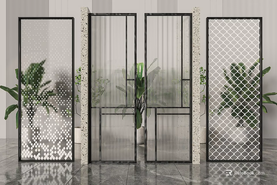 Modern Interior Stylish Partition Designs With Transparent Grid And Green Plants 3d model 