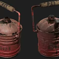 Vintage Red Diesel Can with Wooden Handle and Rusty Surface on Dark Background