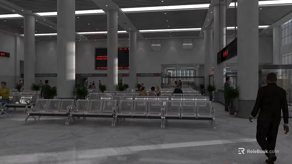 Modern Station Waiting Hall With Benches Digital Screens Columns And People Waiting 3d model 