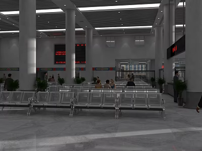 Modern Station Waiting Hall With Benches Digital Screens Columns And People Waiting 3d model
