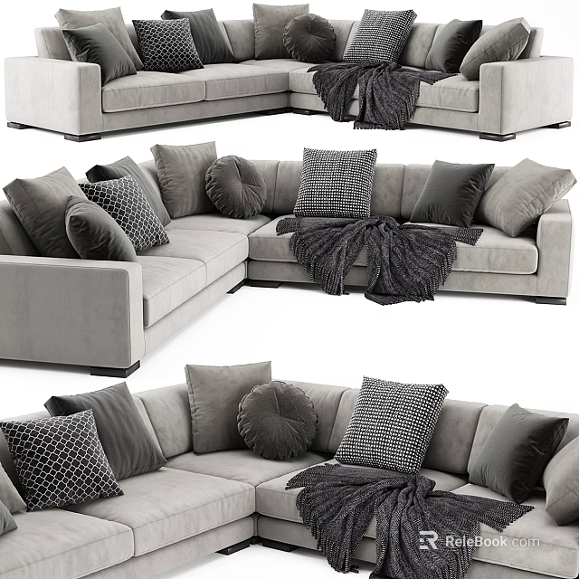 Modern Light Gray Sectional Sofa with Multiple Textured Pillows and Cozy Throw Blanket 3d model