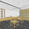 Public Office Space Open Layout with Wooden Desks Computers Table Lamps Bookshelves and Large Windows