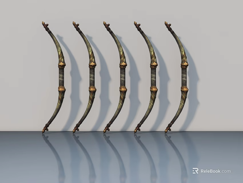 Five Gold And Black Metal Hinged Door Handles On Gray Surface 3d model 