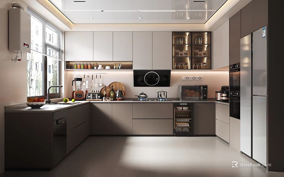 Modern Kitchen Interior Design With Cabinets Island Countertop Appliances And Lighting 3d model 