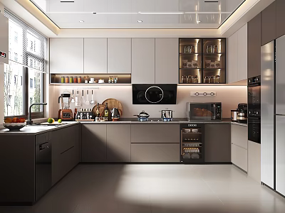 Modern Kitchen Interior Design With Cabinets Island Countertop Appliances And Lighting 3d model