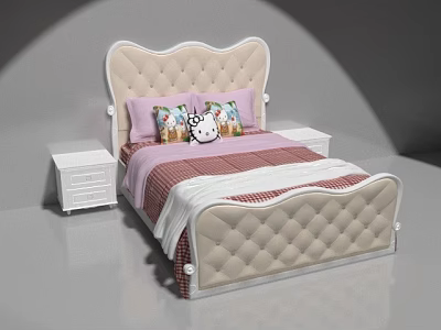 Cute Children's Bed with Diamond Tufted Upholstered Headboard Pink Bedspread Cartoon Pillows and White Nightstands 3d model