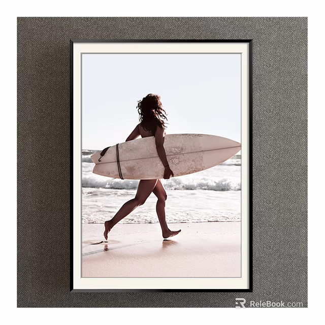 Figure Painting of Woman Carrying Surfboard Walking Along Beach with Rolling Waves 3d model 