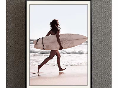 Figure Painting of Woman Carrying Surfboard Walking Along Beach with Rolling Waves 3d model