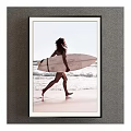 Figure Painting of Woman Carrying Surfboard Walking Along Beach with Rolling Waves
