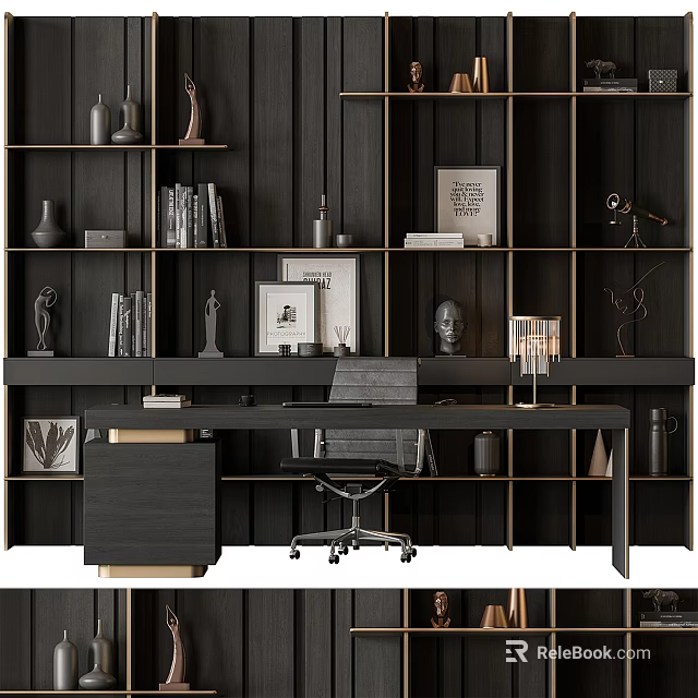 Modern Office Desk Workspace With Dark Wooden Shelves Books Sculptures And Framed 3d model 