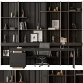 Modern Office Desk Workspace With Dark Wooden Shelves Books Sculptures And Framed