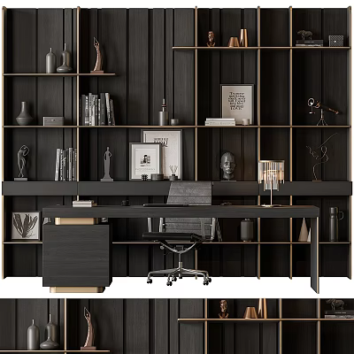 Modern Office Desk Workspace With Dark Wooden Shelves Books Sculptures And Framed 3d model