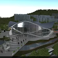 Modern Basketball Arena With Curved Roof Glass Facade Surrounded By Greenery Trees And People Walking