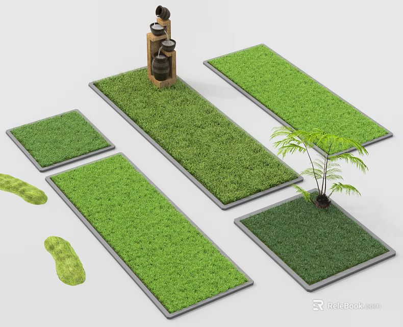 Green Grass Mats With Rectangular Gray Borders And Small Plant Decorative Arrangement 3d model