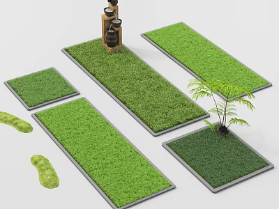 Green Grass Mats With Rectangular Gray Borders And Small Plant Decorative Arrangement 3d model