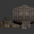 Rustic Architectural Scene With Stone Pillars Three Barrels And Wooden Tables