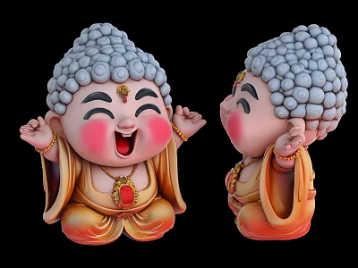 Happy Cartoon Style Maitreya Buddha Decorative Ornament Set with Gray Hair Red Cheeks Golden Robe 3d model