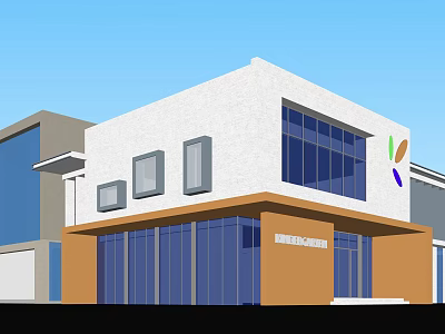Modern School Building With White Brown Exterior Glass Windows And Colorful Logo 3d model