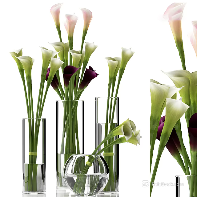 White and Purple Calla Lilies in Tall Glass Vases for Decorative Floral 3d model 