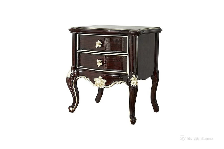 Elegant Dark Brown Nightstand With Two Drawers Golden Accents Ornate Carved Legs For Bedroom 3d model 