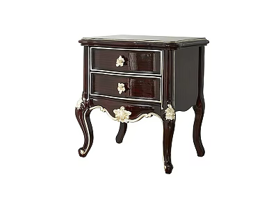 Elegant Dark Brown Nightstand With Two Drawers Golden Accents Ornate Carved Legs For Bedroom 3d model