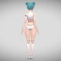 3D Game and Movie Character with Turquoise Bun Hair White Outfit Mechanical Arm and Knee