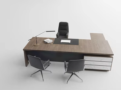 Modern Wooden Office Desk With Desk Lamp Documents Notebook And Chairs 3d model
