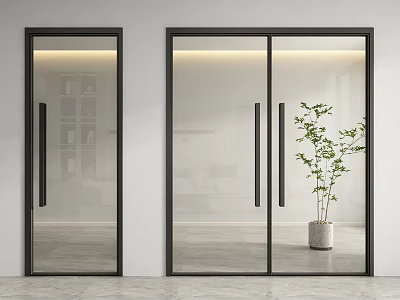 Modern Transparent Glass Doors With Black Frames And Potted Plant In Minimalist Interior Design 3d model