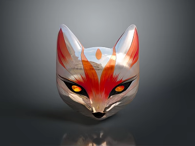 Colorful Silver Red Orange Fox Mask With Yellow Eyes And Artistic Design 3d model