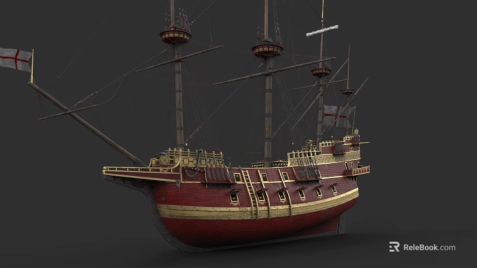 Vintage Wooden Sailing Ship With Tall Masts And Red Gold Hull Design 3d model 