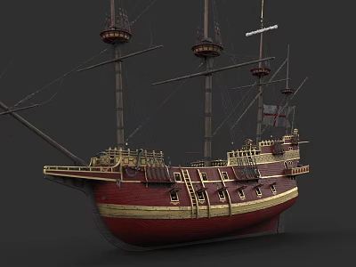 Vintage Wooden Sailing Ship With Tall Masts And Red Gold Hull Design 3d model
