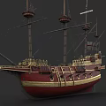 Vintage Wooden Sailing Ship With Tall Masts And Red Gold Hull Design