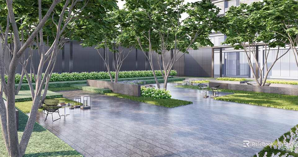 Residential Landscape Design With Mature Trees Lush Greenery Paved Courtyard And Outdoor Seating 3d model 