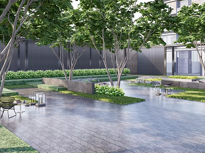 Residential Landscape Design With Mature Trees Lush Greenery Paved Courtyard And Outdoor Seating 3d model