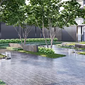Residential Landscape Design With Mature Trees Lush Greenery Paved Courtyard And Outdoor Seating