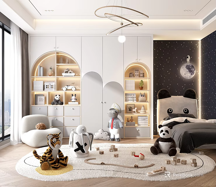 Kids Room With Panda Bed Arched Bookshelves Starry Night Wall Building Blocks And Stuffed Toys 3d model 