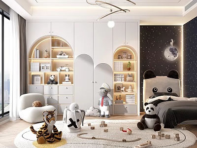 Kids Room With Panda Bed Arched Bookshelves Starry Night Wall Building Blocks And Stuffed Toys 3d model