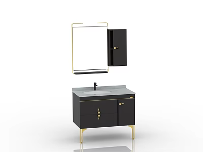 Modern Black Bathroom Vanity With Gold Metal Frame Marble Countertop Mirror And Wall Cabinet 3d model