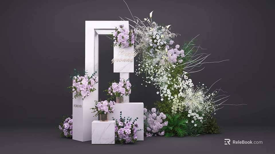 Elegant Commercial Event Decoration Equipment With White Frame Purple White Flower Arrangements And Marble Decorations 3d model 